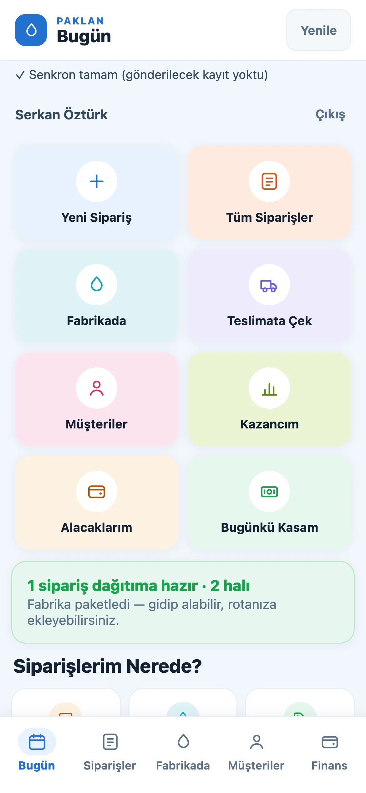 Fasoncunun Bugün ekranı: kısayollar ve dağıtıma hazır şeridi