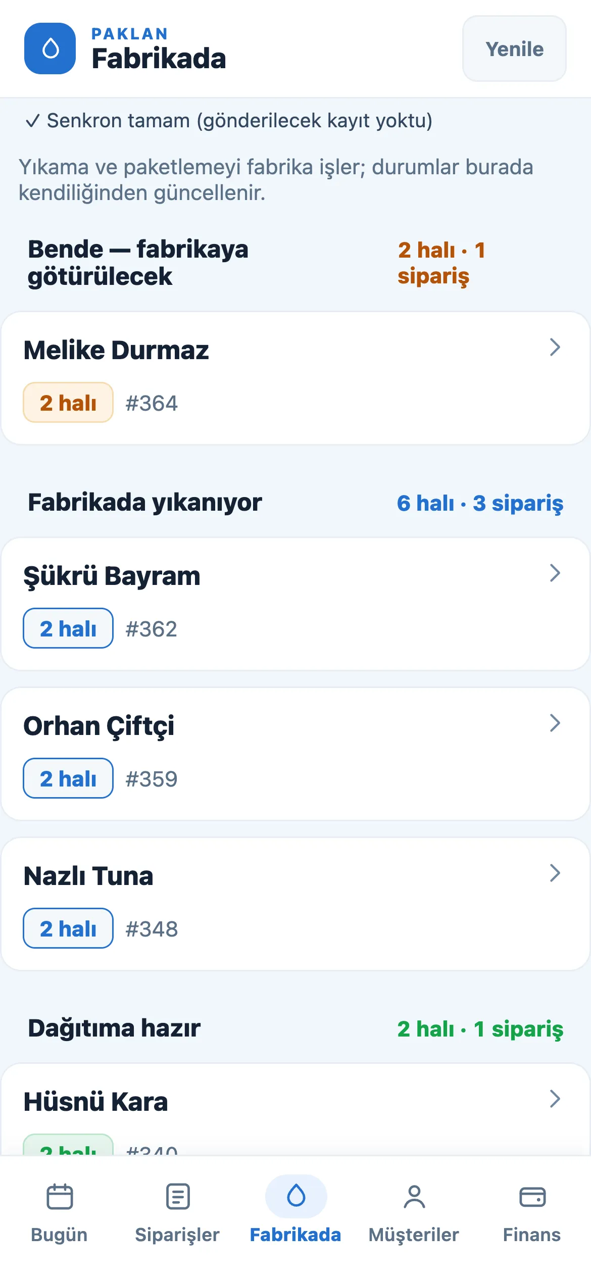 Fabrikada ekranı: bende, fabrikada yıkanıyor ve dağıtıma hazır kovaları