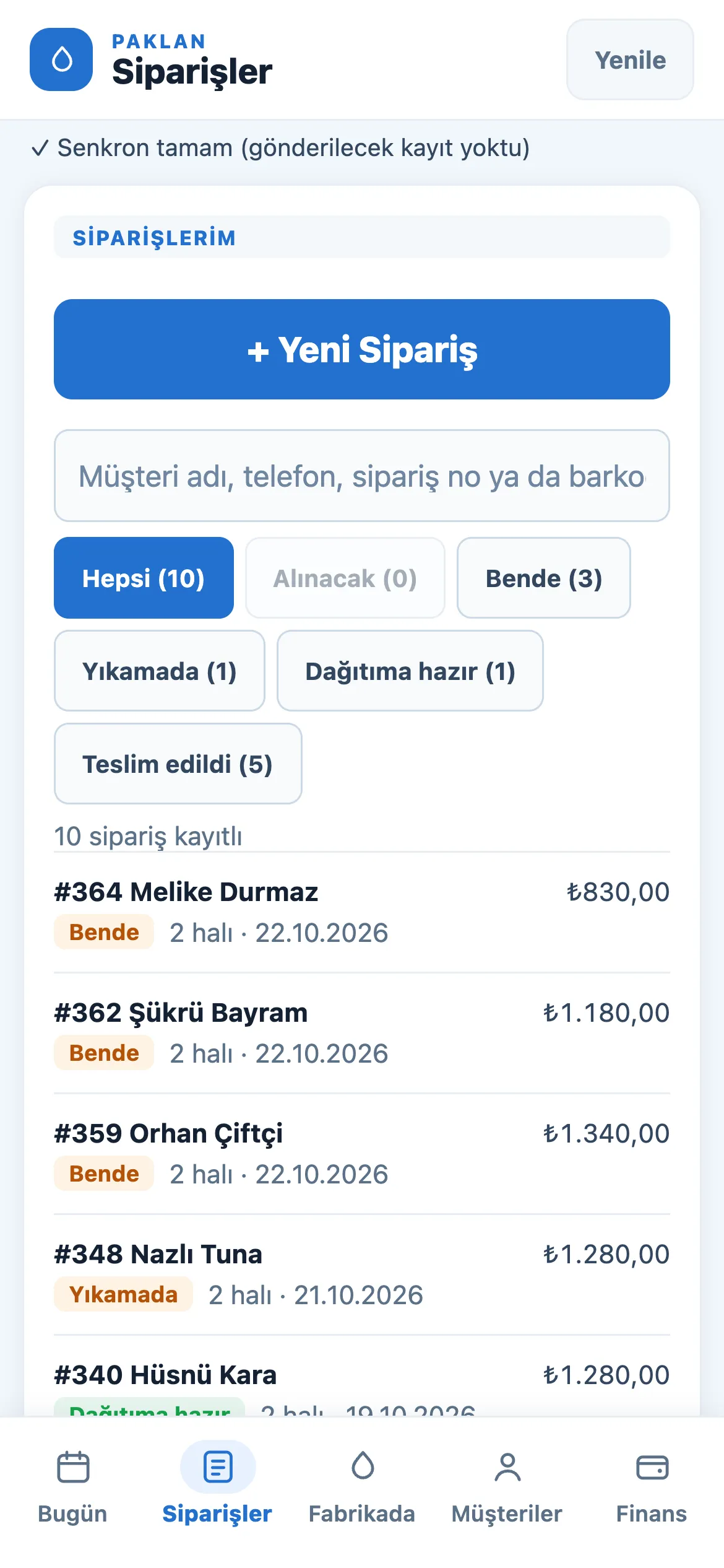 Fasoncunun ekranında aynı sipariş: müşteri Hüsnü Kara ve tutarı 1.280 lira