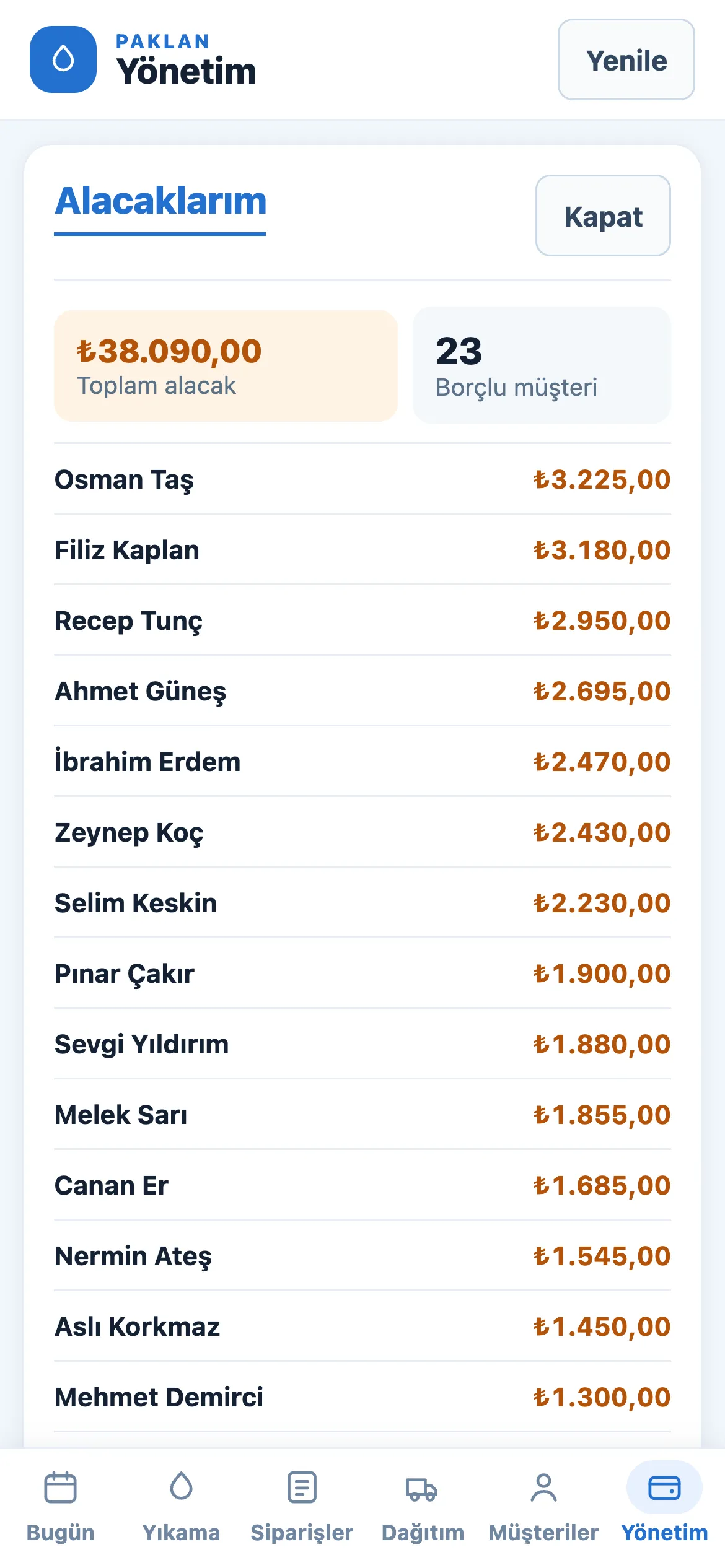 Alacaklarım: toplam alacak, borçlu müşteri sayısı ve müşteri müşteri borçlar