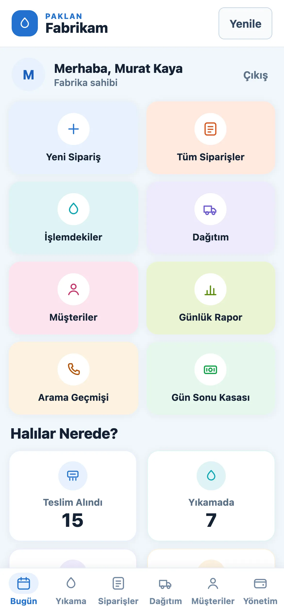 Patronun Bugün ekranı: sekiz renkli kısayol ve Halılar Nerede? sayaçları