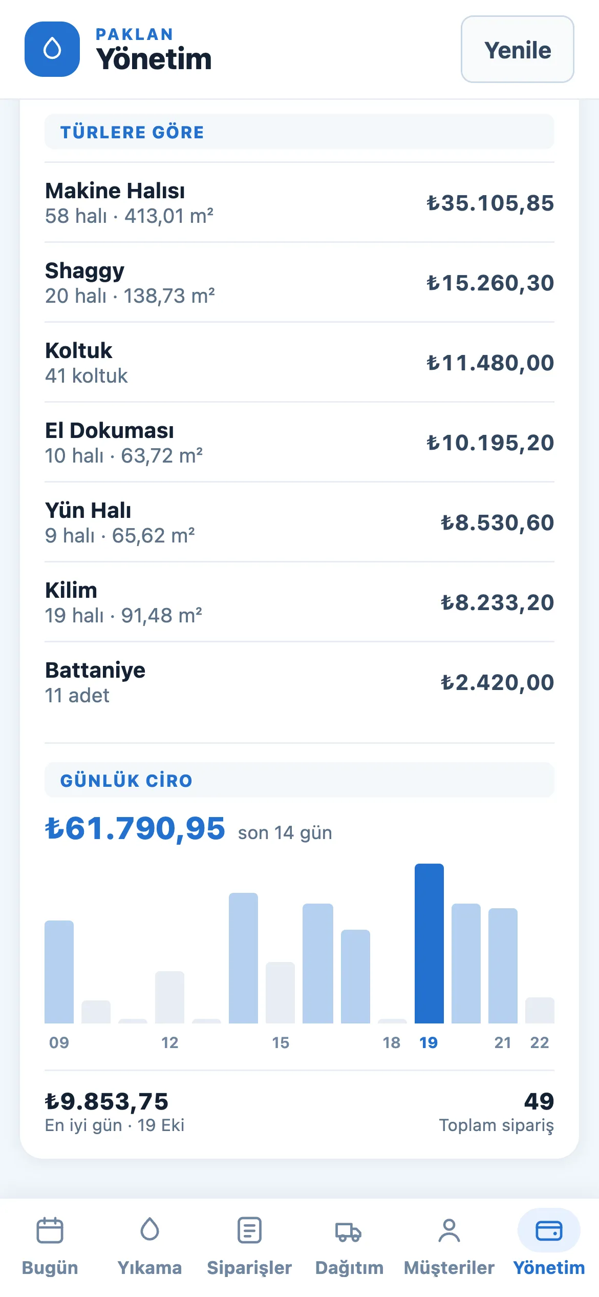 Raporlar: halı türlerine göre gelir ve günlük ciro grafiği